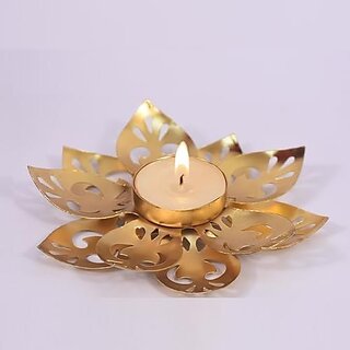                       (Set of 1) Golden Metal Flower Tealight Candle Holder | Decorative Diya Stand for Festivals, Home Dcor & Gifting | Lotus Design Diya for Puja, Diwali & Special Occasions                                              