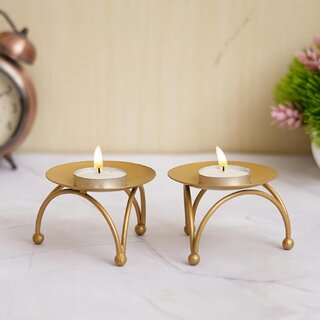                      (Set of 2)Golden Tea Light Candle Holder, Metal Stand, Stand for Idol, Diya or Decor  Decorative Brass Finish Chowki for Puja Mandir, Festival, Home & Office Temple Use, Round                                              