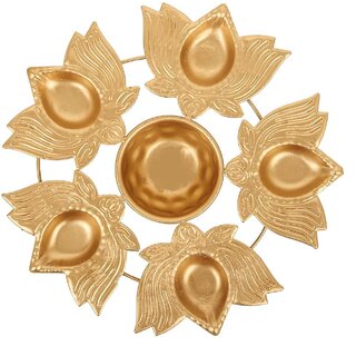                       Brass Finish Lotus Urli Diya  Decorative Urli Bowl with 5 Lotus Diyas for Pooja, Home Decor & Festive Decoration                                              