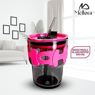 HOHO Glass Tumbler with Straw, Leak-Proof Lid Letter Rubber Grip - 400ml Stylish Wide Mouth Flask Hot Pink. HOHO Glass Tumbler with Straw, Leak-Proof Lid Letter Rubber Grip - 400ml Stylish Wide Mouth Flask Hot Pink.