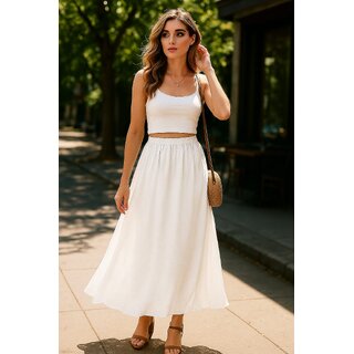                       Womens Solid White Flared Long Skirt with Elastic Waistband                                              