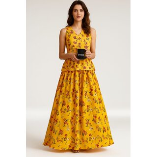                       Blooming Elegance  Womens Yellow Floral Printed Top & Skirt Set