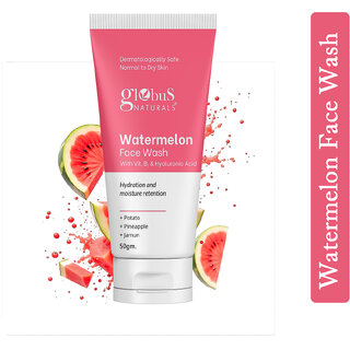                       Globus Naturals Watermelon Face Wash with Vitamin B3  Hyaluronic Acid, For Hydration and Moisture retention, Suitable for Normal  Dry Skin 50gm                                              