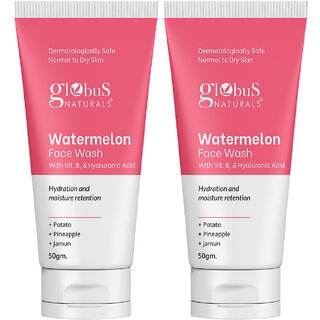                       Globus Naturals Watermelon Face Wash with Vitamin B3  Hyaluronic Acid, For Hydration and Moisture retention, Suitable for Normal  Dry Skin 50gm, Pack of 2                                              