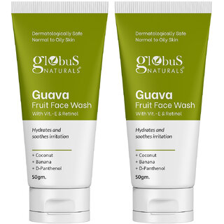                       Globus Naturals Guava Fruit Face Wash with Vitamin E  Retinol For Hydrates  Soothes Irritation, Suitable for Normal to Oily Skin, 50gm, Pack of 2                                              