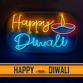 Happy Diwali Neon Sign with Diya Night Lamp (45 cm, Yellow, ice blue, Red)