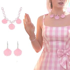 Cartoon Barbie Princess Pink Shell Necklace & Earring Set - Trendy, Unique Accessories for Women (Set)