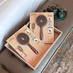 Korean YAO Detangling Boar Bristle Hair Brush for Frizz Control, Portable Massage Paddle for Smooth & Shiny Hair, Anti-Static Volumizing Styling (Brown, Set)