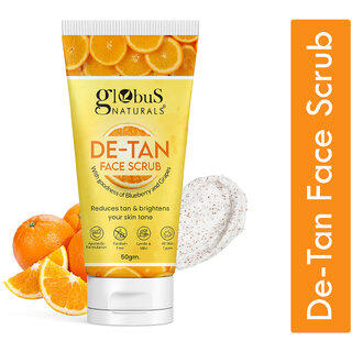                       Globus Naturals De Tan Face Scrub, Enriched with Blueberry  Grapes, Tan Removal, Anti Pollution  Oil Control Formula, Chemical Free, Cruelty Free, Suitable For All Skin Types, 50 gm                                              