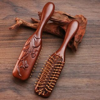 Narrow Cushion Massage Hair Brush, Natural Golden Sandalwood Detangling Comb, Portable Wooden Hairbrush for Smooth, Shiny Hair (Plain Narrow Cushion Brush 4cm)