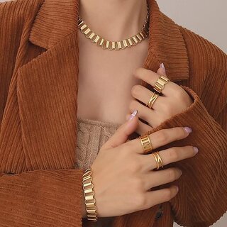 Geometric Openwork Jewelry Set | Necklace, Ring & Bracelet Trio in 18K Gold Plated Finish (A307-Steel Hollow Geometric Ring)