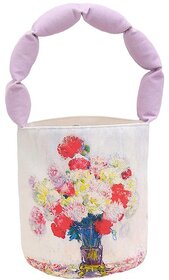 Vintage Oil Painting Print Shoulder Bucket Bag - Small Quilted Lunch Box Purse with Top Handle (Flowers in Vase - Padded Bag)