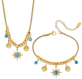 Vintage Boho Tassel Necklace and Bracelet Set for Women, Stainless Steel, Fade-Resistant, Ethnic Retro Style (E075-Gold Bracelet-17+5cm)