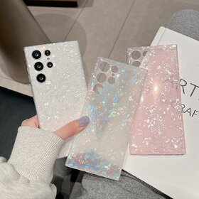 Shell Pattern Glitter Soft Case for Samsung S Series Ultra/Plus Stylish Protective Cover for Girls (White, S8 Large Hole)