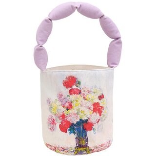 Vintage Oil Painting Print Shoulder Bucket Bag - Small Quilted Lunch Box Purse with Top Handle (Flowers in Vase - Padded Bag)