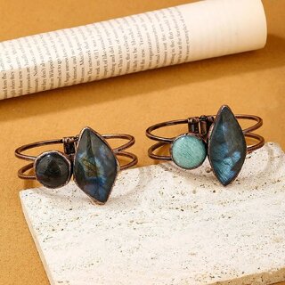Vintage Boho Labradorite & Amazonite Bracelet, Handmade Antique Bronze Electroplated Stretch Bangle (Labradorite and Amazonite)