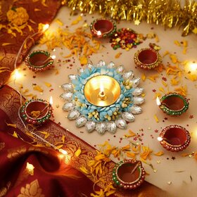 Tiny Shiny Decorative Home Decoration Flower Diya  Metal Diya for Puja Room  Home Dcor,Blue