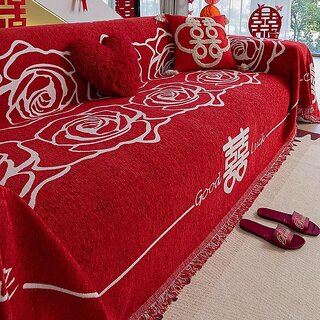 Elegant All-Season Sofa Cover in Festive Red for Wedding Home Decor (Double Happiness, 180 x480cm)