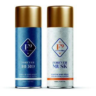 F9 Forever Musk and Hero Long Lasting Freshness Deodorant Perfume Body Spray For Men and women (150ml2) Pack of 2