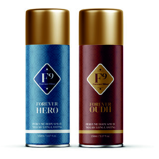 F9 Forever Outh and Hero Long Lasting Freshness Deodorant Perfume Body Spray For Men and women (150ml2) Pack of 2