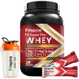 Fitspire Fit Super Pro Double Chocolate Whey Protein with 400ml Shaker + Red Berry Energy Bar Combo