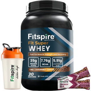 Fitspire Fit Super Gourmet Coffee Whey Protein with 400ml Shaker + Red BerryEnergy Bar Combo
