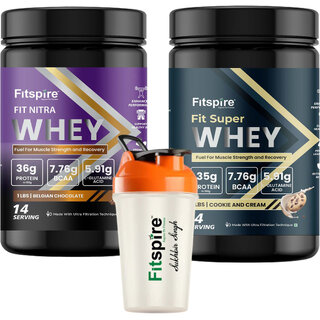 Fitspire Fit Nitra Belgian Chocolate Whey Protein 1lb + Fit Super Cookies  Cream Whey Protein 1lb with 400ml Shaker