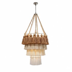 Boho Tassel Chandelier, 3-Tier Natural Jute Pendant Light with Wooden Beads, Brown and Cream Macrame Hanging Lamp