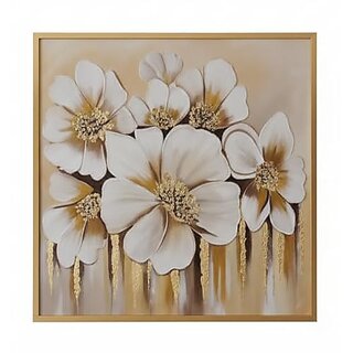 ALLAIL DESTINATION Framed Floral Wall Art, Gold and White, Canvas Print, Abstract Flowers Painting