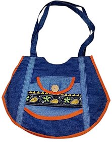 Ethnic Denim Shoulder Bag for Women with Embroidered Front Pocket, Casual Daily Use Office Shopping Tote