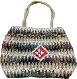 Handcraftedt jute tote bag with colourful zigzag design eco-friendlu Sling Bag (White, Blue, Green, 8 L)