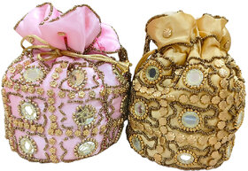 Golden Dark Maroon Premium Silk Potli Handmade Bag For Women (Pack of 2)
