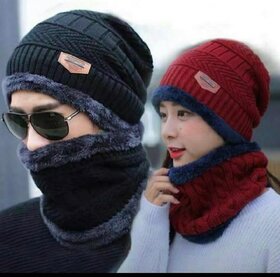 BIYANKA Woollen Cap with Neck Muffler Warmer Set for Mens  Womens - Free Size ( Multicoloured )