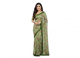 Women's Floral Print Saree Green with Pink Flowers Border Design Traditional Indian Wear