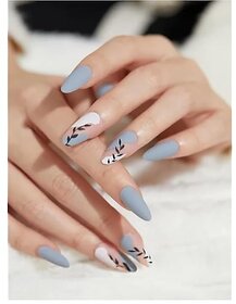 Press On Nails Long Almond Shape 24 Pcs Matte Blue and Pink Leaf Design Fake Nails with Long Lasting Korean Liquid Nail Glue and Nail File  Stick On Nails Art Kit for Women and Girls  Reusable False Nails Extension by Indie Nails