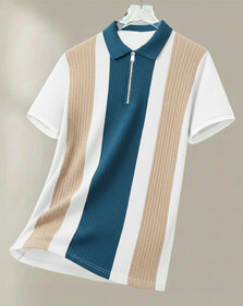 Ausk Mens Off White, Teal Blue Checkered Cotton Blend Polo T-Shirt