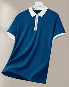 Ausk Mens Teal Blue, White Solid Cotton Blend Polo T-Shirt
