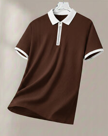 Ausk Mens Brown, White Solid Cotton Blend Polo T-Shirt