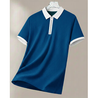 Ausk Mens Teal Blue, White Solid Cotton Blend Polo T-Shirt