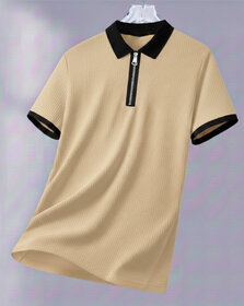 Ausk Mens Beige, Black Solid Cotton Blend Polo T-Shirt