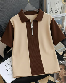 Ausk Mens Off White, Brown Checkered Cotton Blend Polo T-Shirt