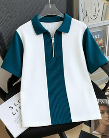 Ausk Mens Dark Blue, White Checkered Cotton Blend Polo T-Shirt