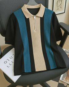 Ausk Mens Black, Teal Blue Checkered Cotton Blend Polo T-Shirt