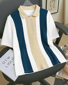 Ausk Mens Teal Blue, White Checkered Cotton Blend Polo T-Shirt