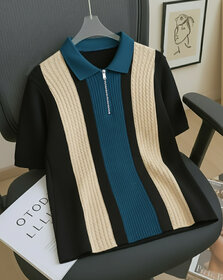 Ausk Mens Beige, Black Checkered Cotton Blend Polo T-Shirt
