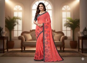 JSTradition Embroidered Bollywood Chiffon Saree with Unstitched Blouse (Pink)