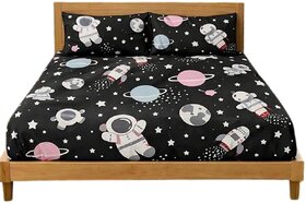 Vibrant Space-Themed Double Fitted Bed Sheet with Astronaut Design