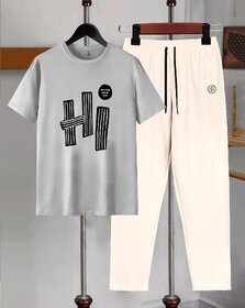 AUSK Mens Casual Printed Cotton Blend Grey & Beige Summer wear Co-ords set of T-Shirt & Trakpant