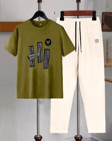 AUSK Mens Casual Printed Cotton Blend Green & Beige Summer wear Co-ords set of T-Shirt & Trakpant