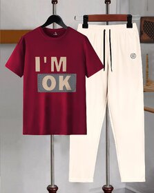 AUSK Mens Casual Printed Cotton Blend Maroon & Beige Summer wear Co-ords set of T-Shirt & Trakpant